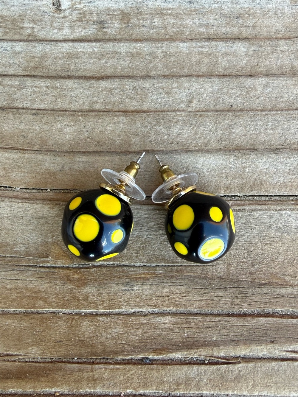 Betsey Johnson Signed Black & Yellow Polka Dot Retro Plastic Post Earrings